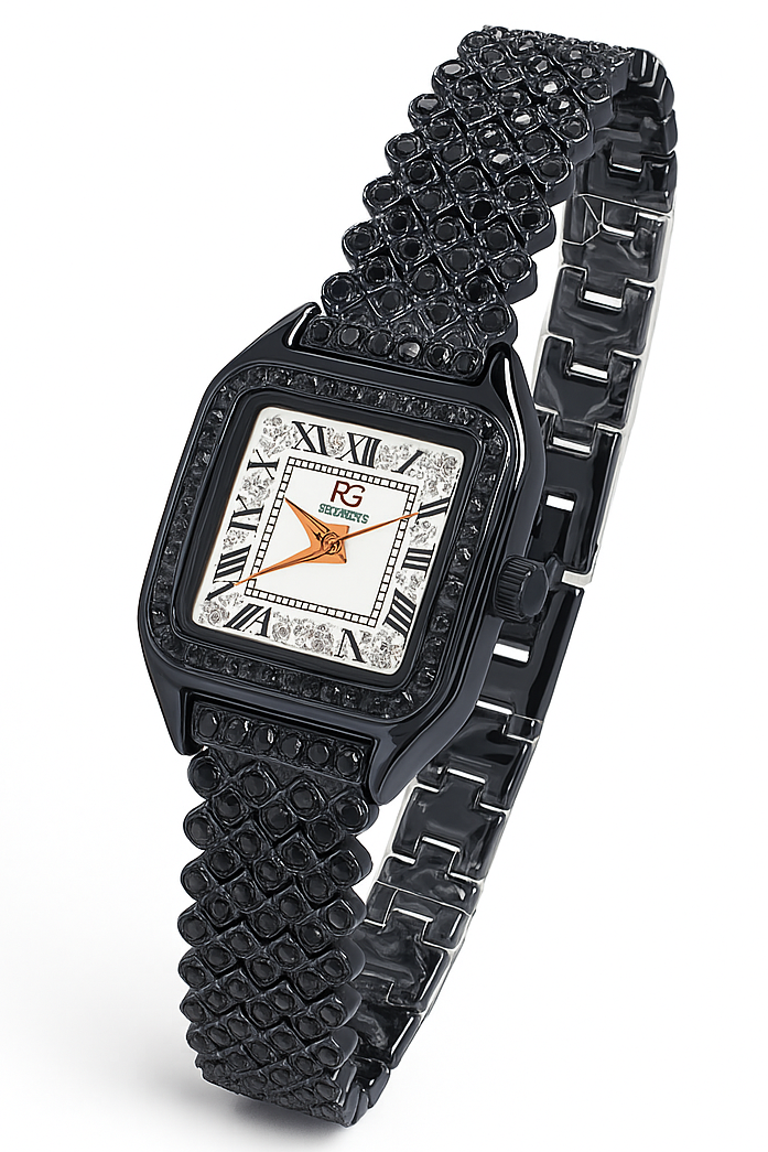Black diamond-encrusted watch on a white background