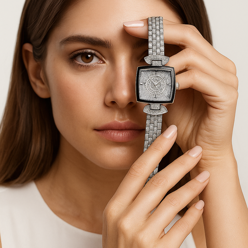 Woman holding a silver watch in front of her eye against a neutral background