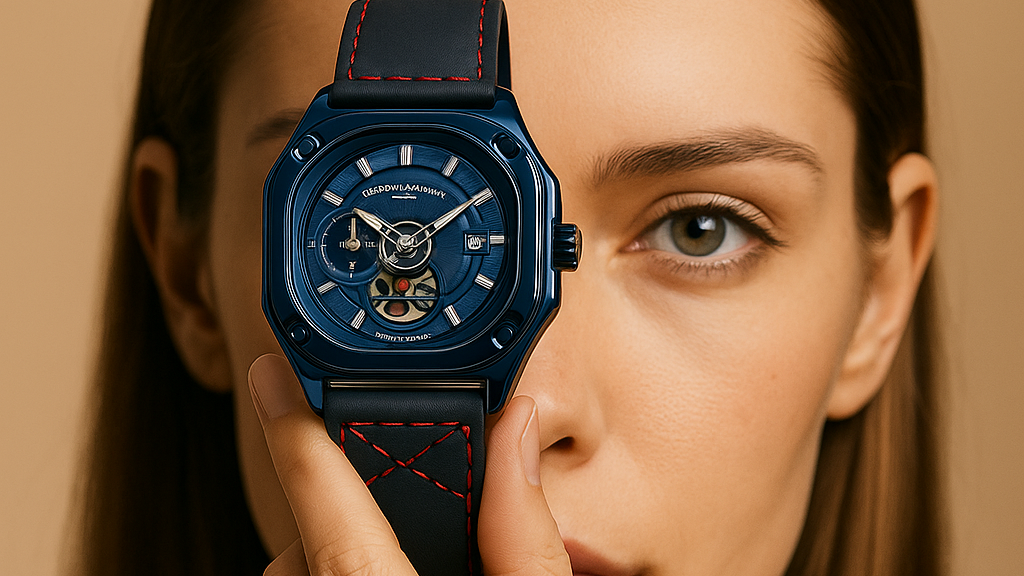 Woman holding a blue watch with red accents near her face against a beige background