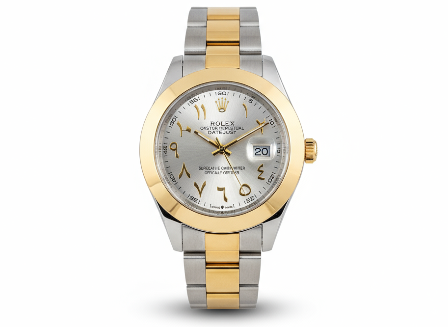 Two-tone watch with silver and gold band on a white background