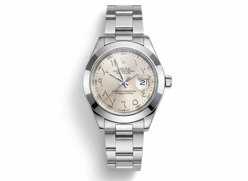 Silver watch with a white face on a white background